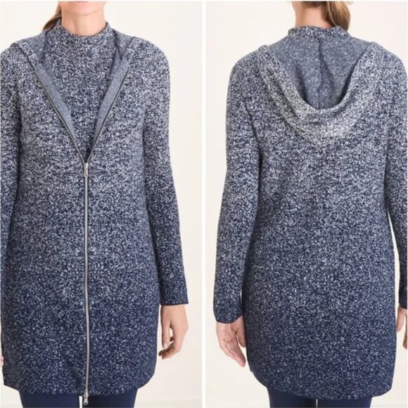 CHICO'S 2-Piece Cotton Cashmere Blend Navy Ombre Hooded Cardigan Mock Neck Top. - Picture 1 of 16